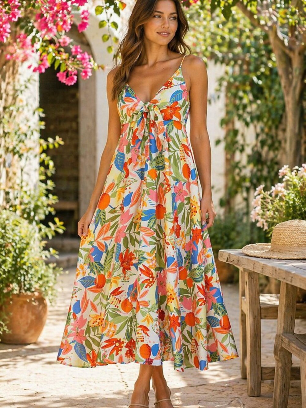 NWT Fate Floral Spaghetti Strap Midi Dress Front Bow Tie White Multi